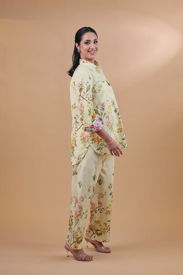 Floral Whisper Yellow Pure Linen Co-ord Set