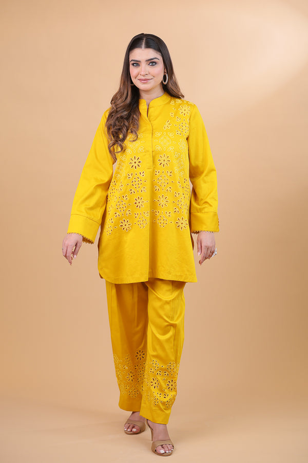 Yellow Cotton Bloom Cutwork Co-ord Set