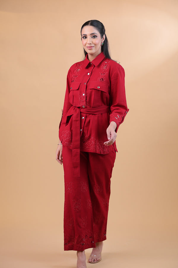 Linen Maroon Cutwork Co-ord Set