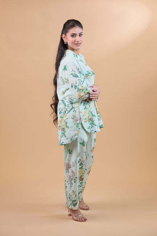 Floral Whisper Sea Green Pure Linen Co-ord Set