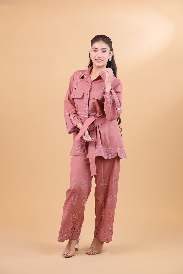 Rose Pink Linen Cutwork Co-ord Set