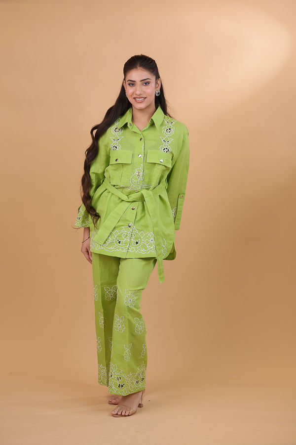 Lime Green Linen Cutwork Co-ord Set