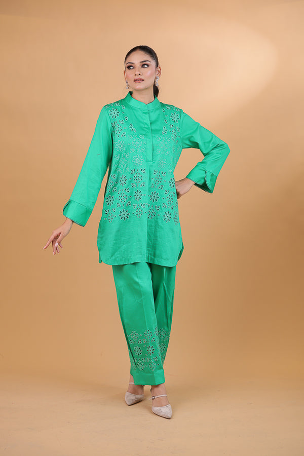 Sea Green Cotton Bloom Cutwork Co-ord Set