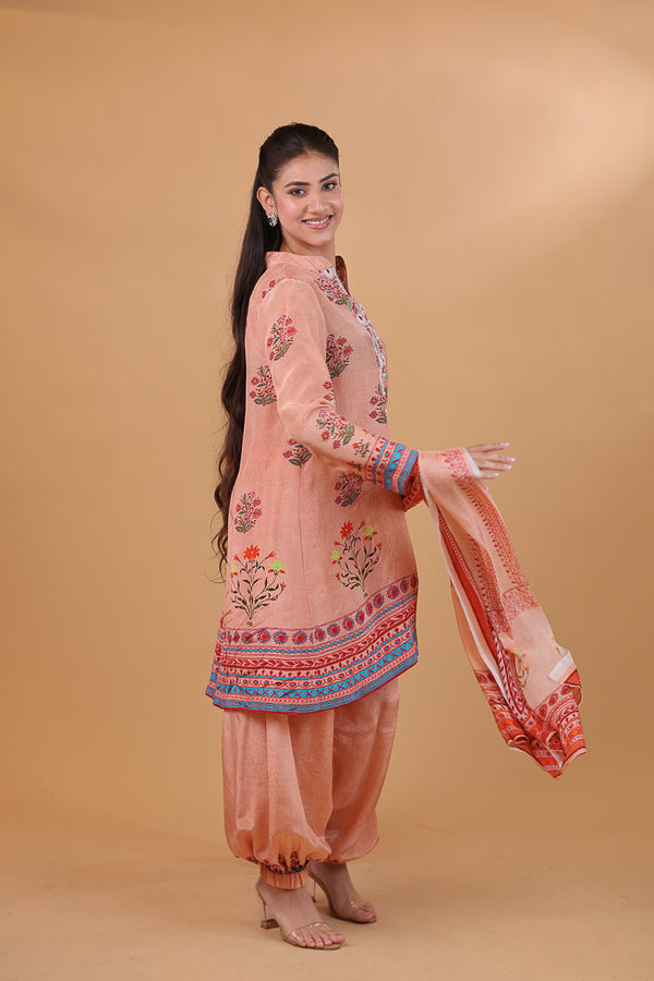Peach Digital Print & Embroidered Floral Suit