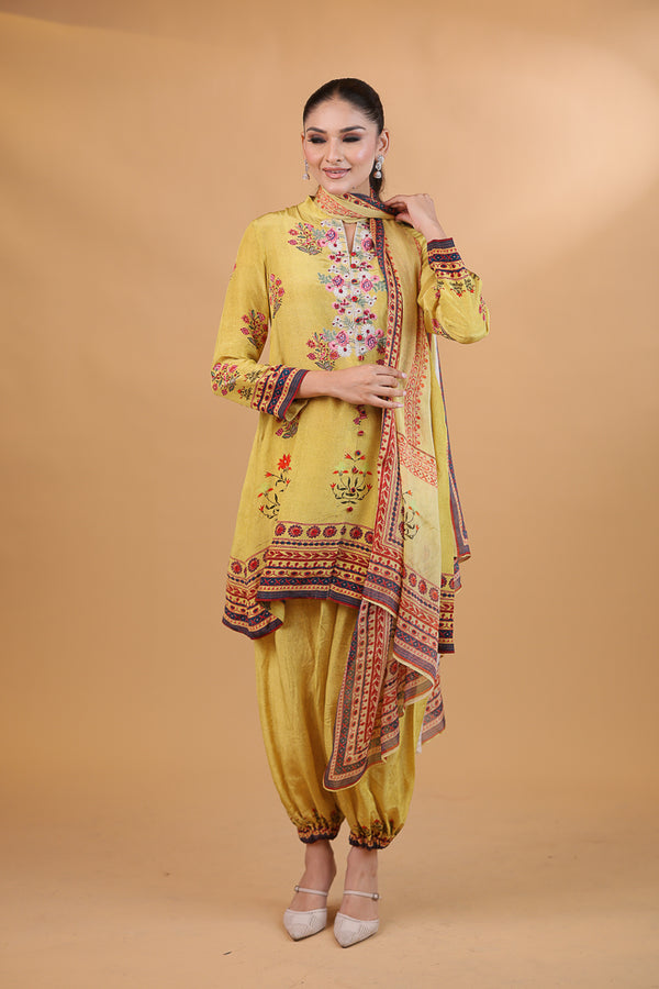 Yellow Digital Print & Embroidered Floral Suit