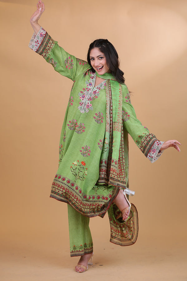 Green Digital Print & Embroidered Floral Suit