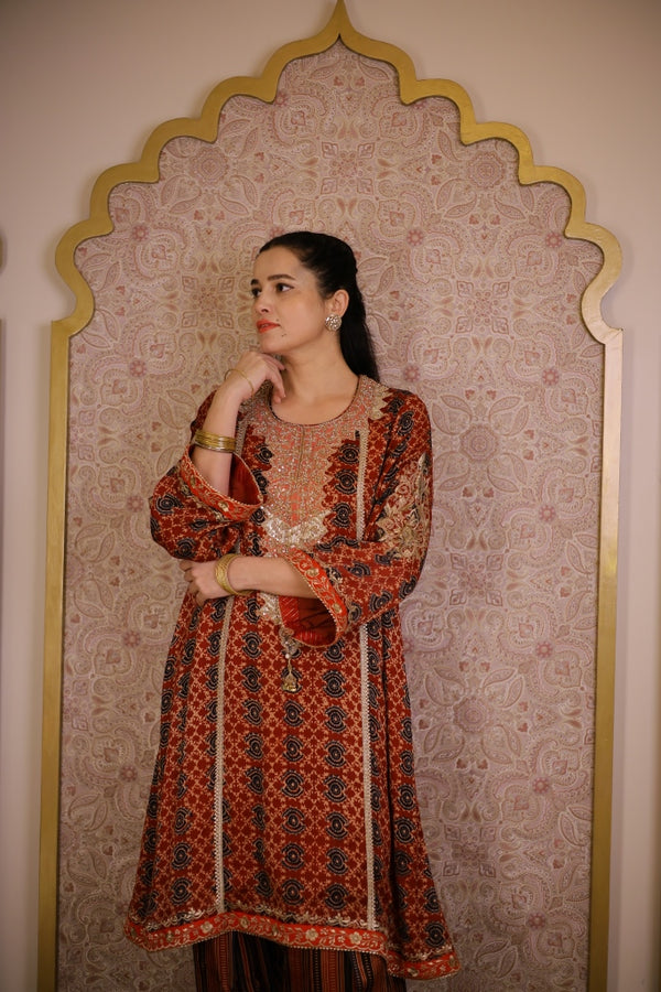 Ajrak Printed Gajji Silk Suit-Rich Brick Red