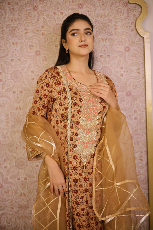 Ajrak Printed Gajji Silk Suit- Peach