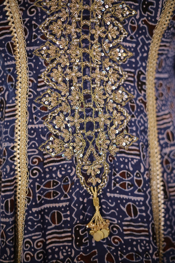 Ajrak Printed Gajji Silk Suit- Deep Indigo Blue