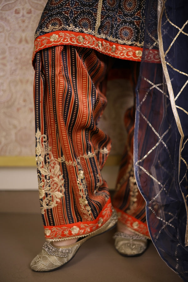 Ajrak Printed Gajji Silk Suit- Deep blue & Brick red