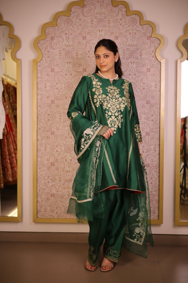 Rang-e-Zari Silk Chanderi Suit- Emerald Green