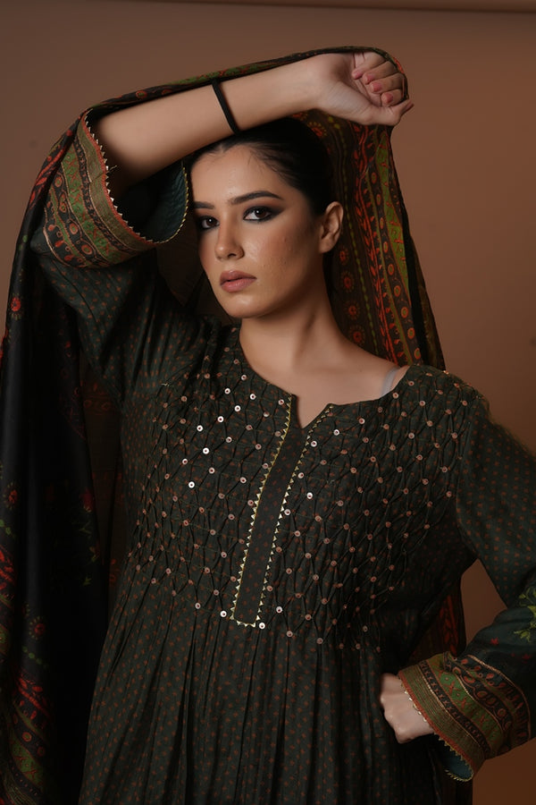 Mahalkari Rajwara Smokey effect Anarkali - (Olive Green)