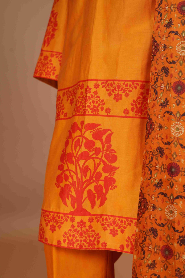 Tussar Chanderi Silk Suit - Mustard & Red
