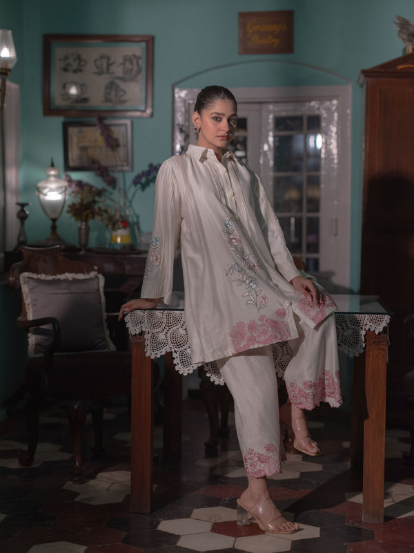 Chanderi Co-ord Set with Floral Embroidery