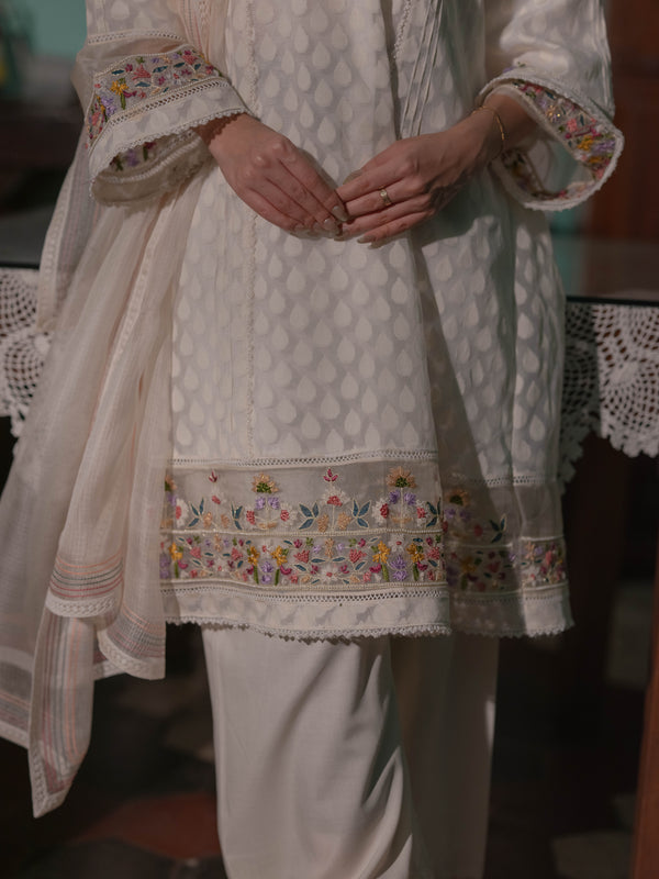 French knots Chanderi Suit set : White