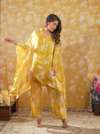 Silk Satin kaftaan & Trouser-Yellow
