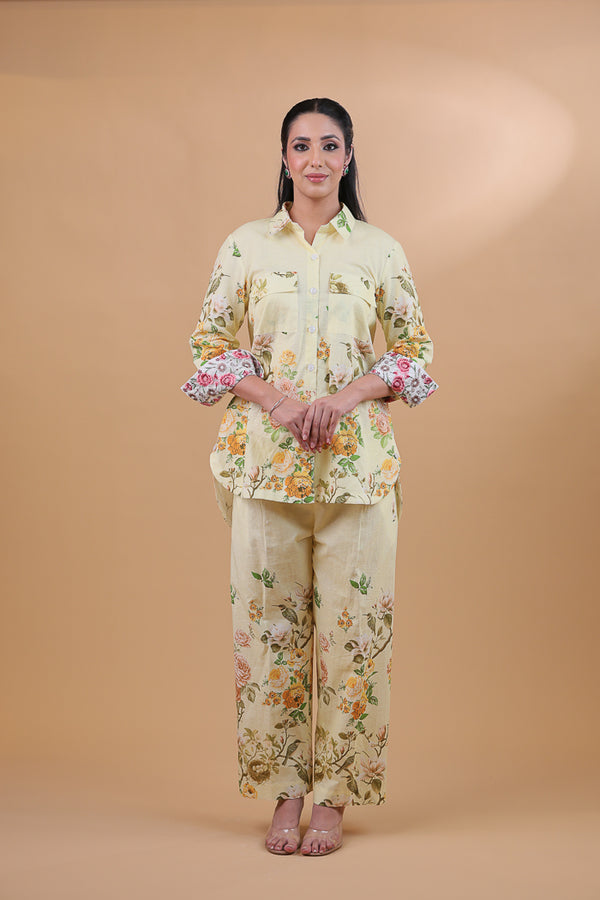 Floral Whisper Yellow Pure Linen Co-ord Set