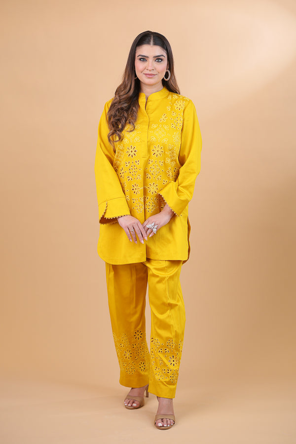 Yellow Cotton Bloom Cutwork Co-ord Set