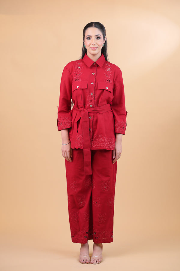 Linen Maroon Cutwork Co-ord Set