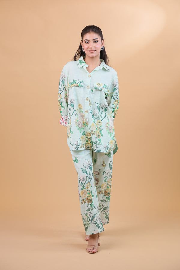 Floral Whisper Sea Green Pure Linen Co-ord Set