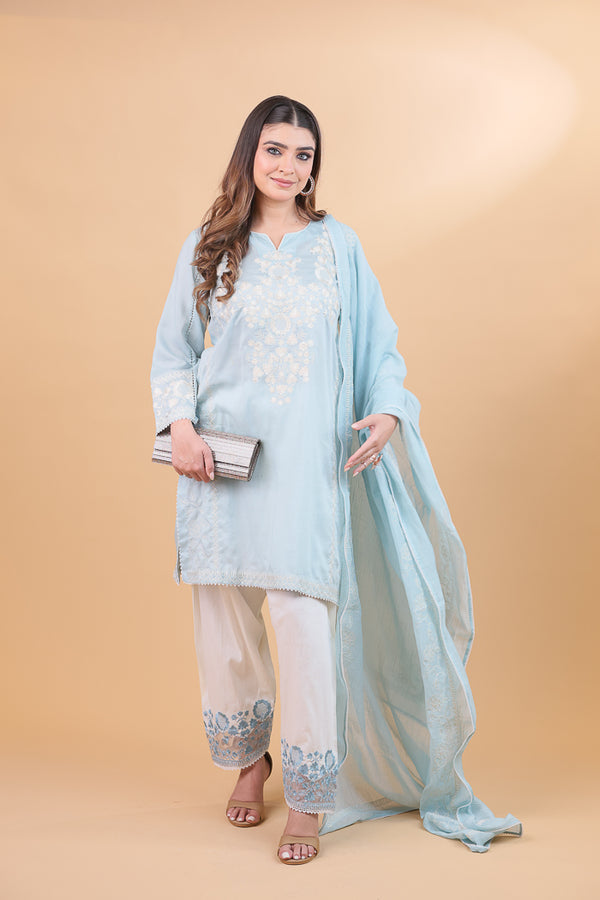 Blue & White Embroidered Suit Set