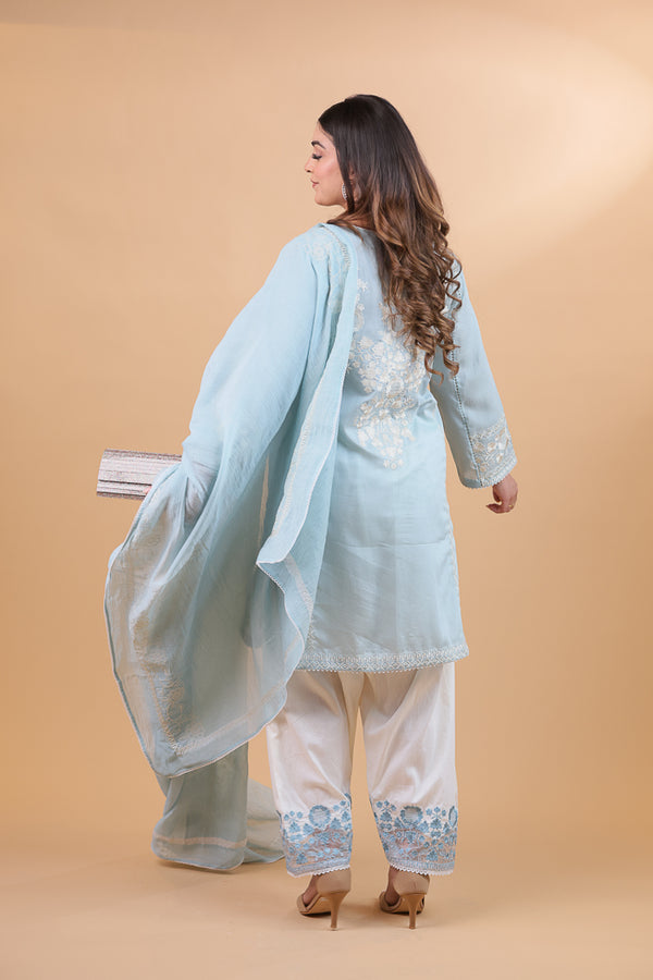 Blue & White Embroidered Suit Set