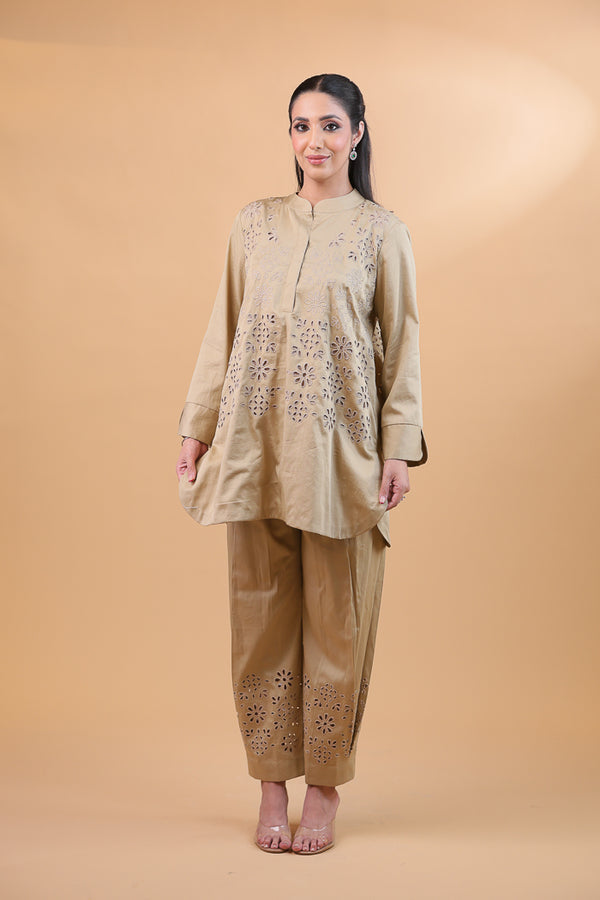 Light khaki Cotton Bloom Cutwork Co-ord Set
