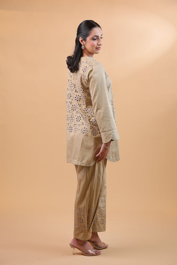 Light khaki Cotton Bloom Cutwork Co-ord Set
