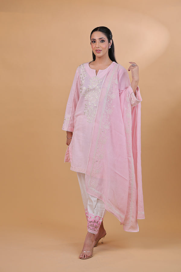 Baby Pink & White Embroidered Suit Set