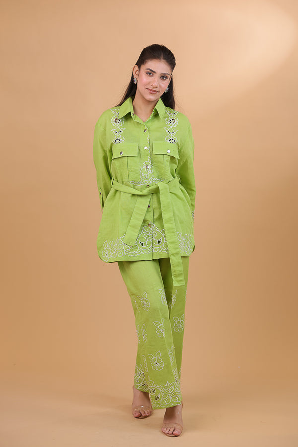 Lime Green Linen Cutwork Co-ord Set
