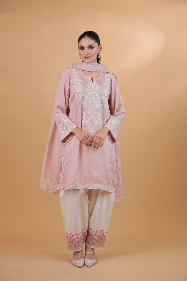 Blush Pink & White Embroidered Suit Set