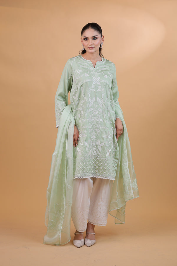 Pista Green Embroidered Suit Set