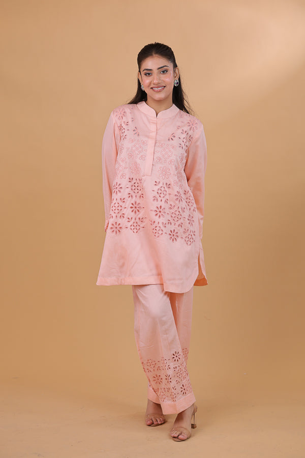 Baby Pink Cotton Bloom Cutwork Co-ord Set