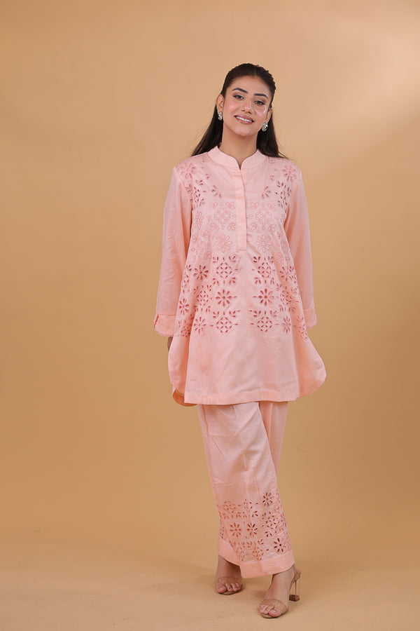 Baby Pink Cotton Bloom Cutwork Co-ord Set