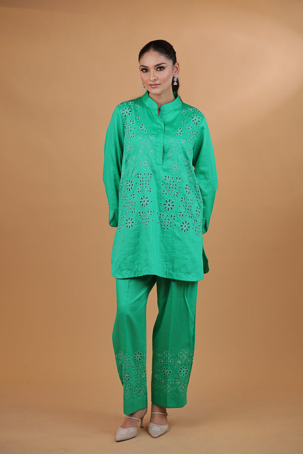 Sea Green Cotton Bloom Cutwork Co-ord Set