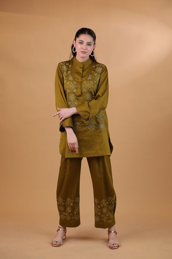 Olive Green Cotton Bloom Cutwork Co-ord Set