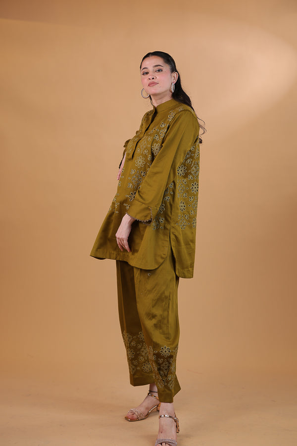 Olive Green Cotton Bloom Cutwork Co-ord Set