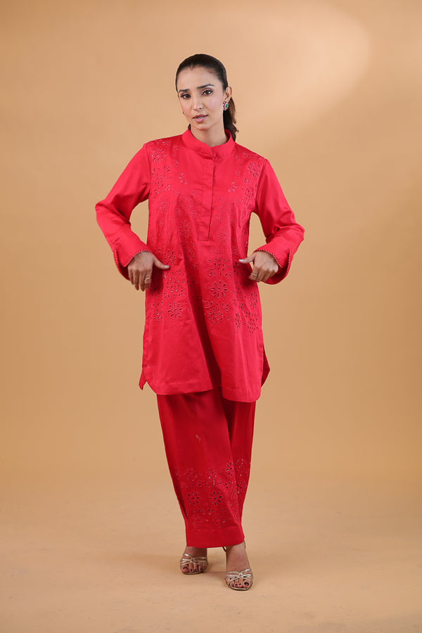 Maroon Cotton Bloom Cutwork Co-ord Set