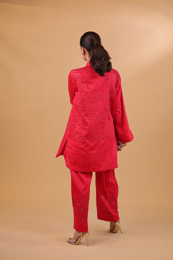 Maroon Cotton Bloom Cutwork Co-ord Set