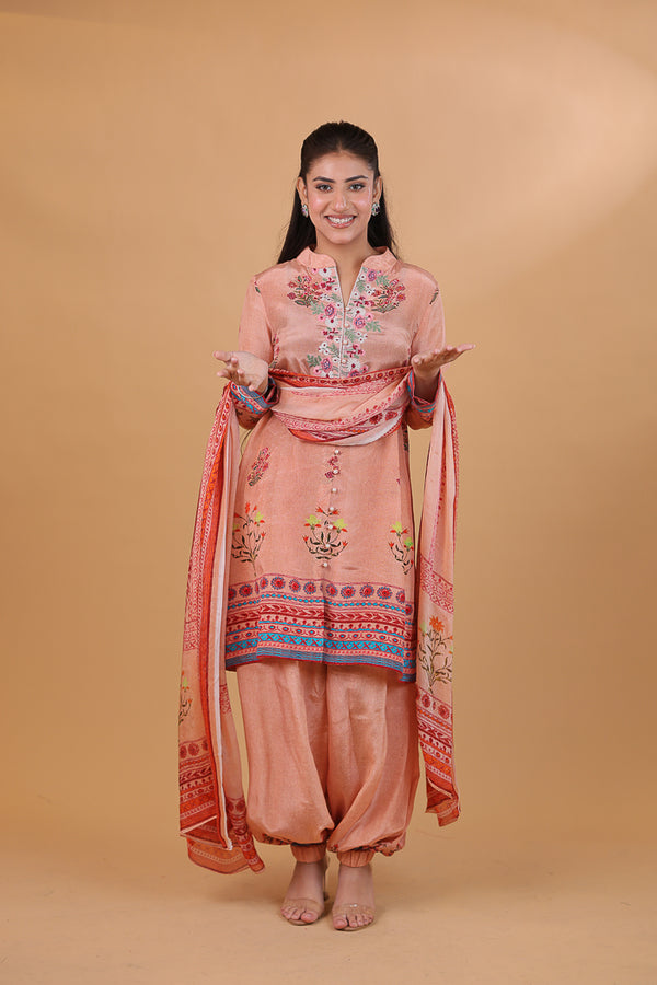 Peach Digital Print & Embroidered Floral Suit