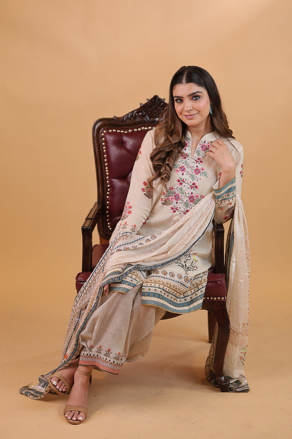 Ivory Digital Print & Embroidered Floral Suit