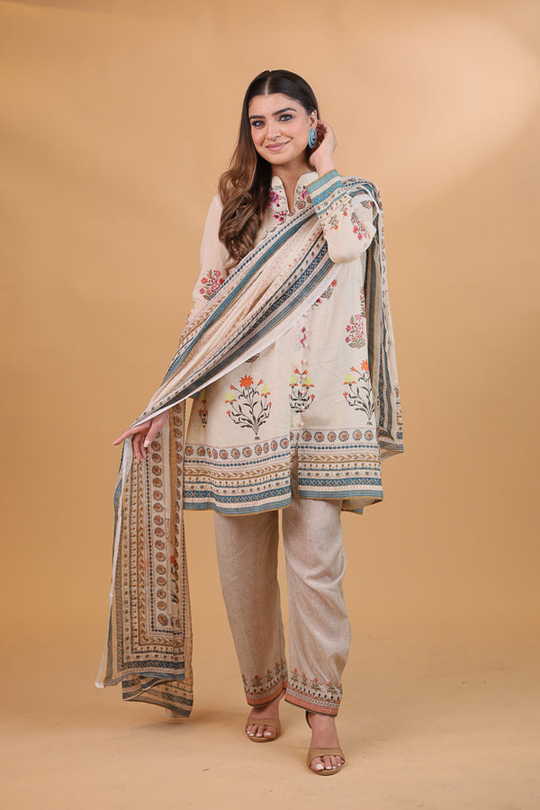 Ivory Digital Print & Embroidered Floral Suit