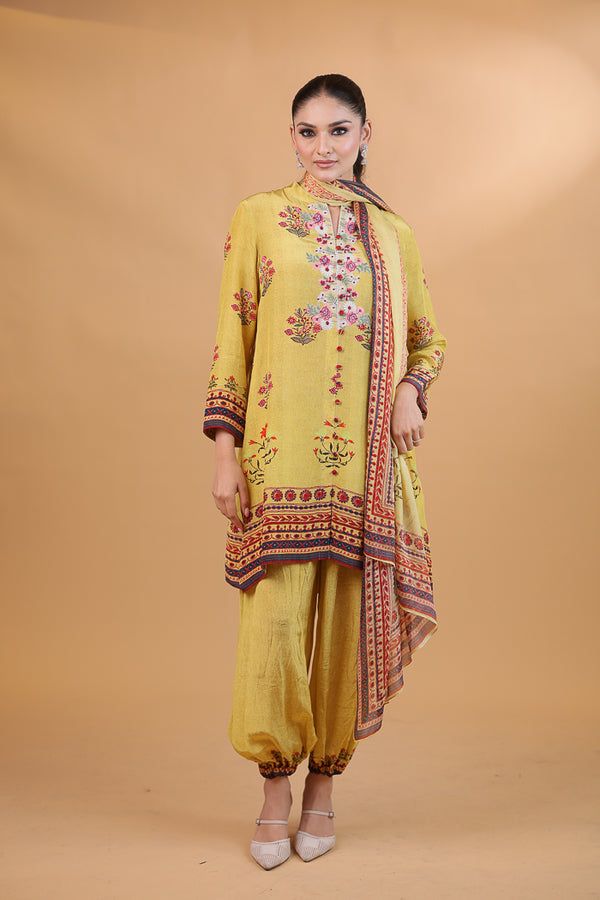Yellow Digital Print & Embroidered Floral Suit