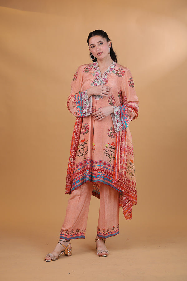Peach Digital Print & Embroidered Floral Suit