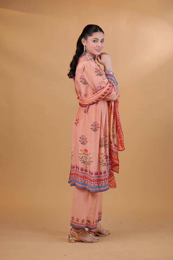 Peach Digital Print & Embroidered Floral Suit