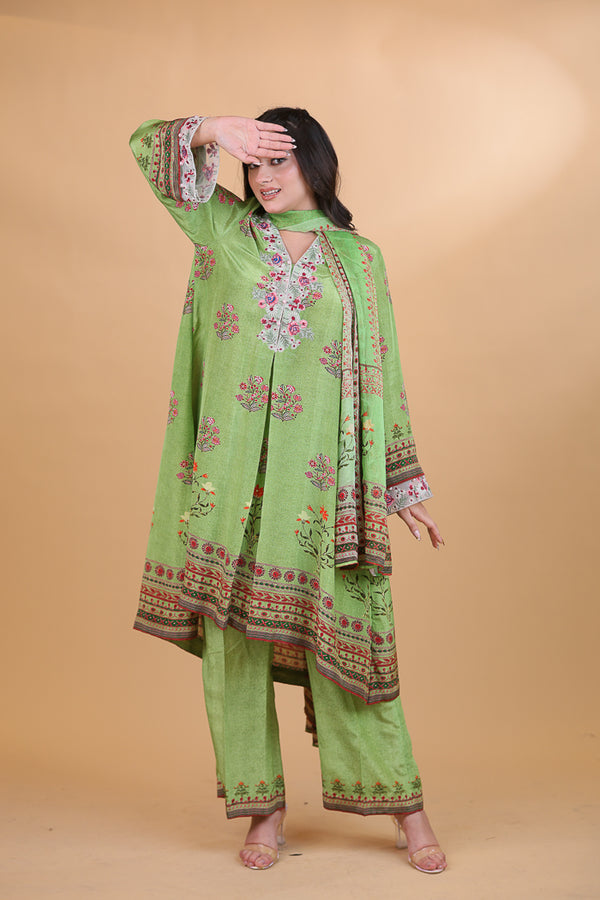 Green Digital Print & Embroidered Floral Suit