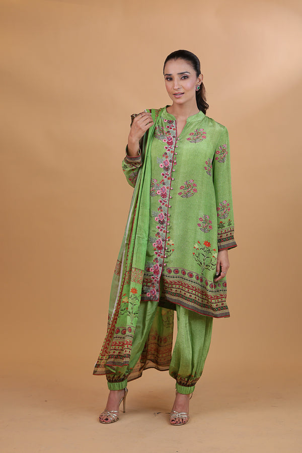 Green Digital Print & Embroidered Floral Suit