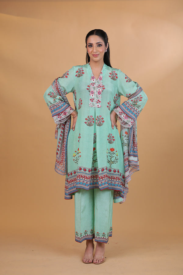 Sea Green Digital Print & Embroidered Floral Suit