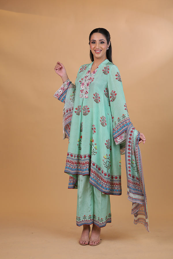 Sea Green Digital Print & Embroidered Floral Suit