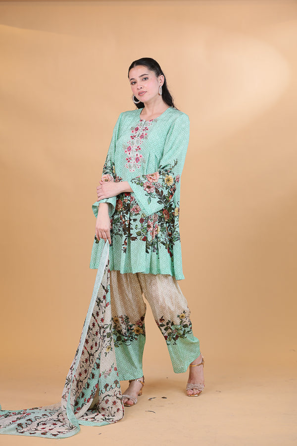 Sea Green Meadow Blossom Printed Suit Set